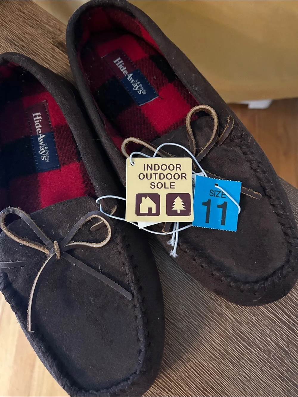 Brown Suede Moccasin Slippers with Red Plaid Lining